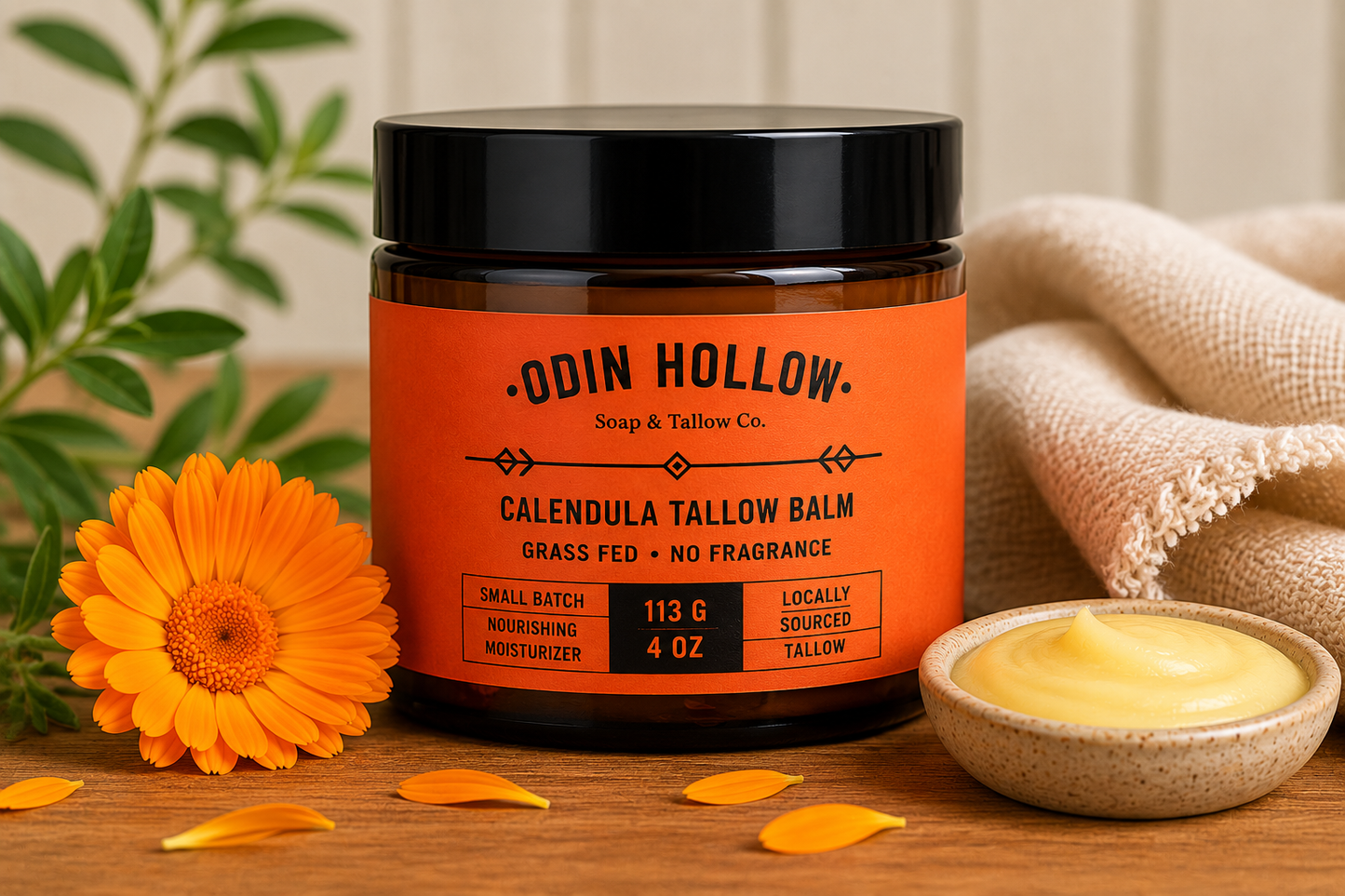 Odin Hollow Calendula Tallow Balm jar with a small bowl of balm and an orange flower on a wooden surface.