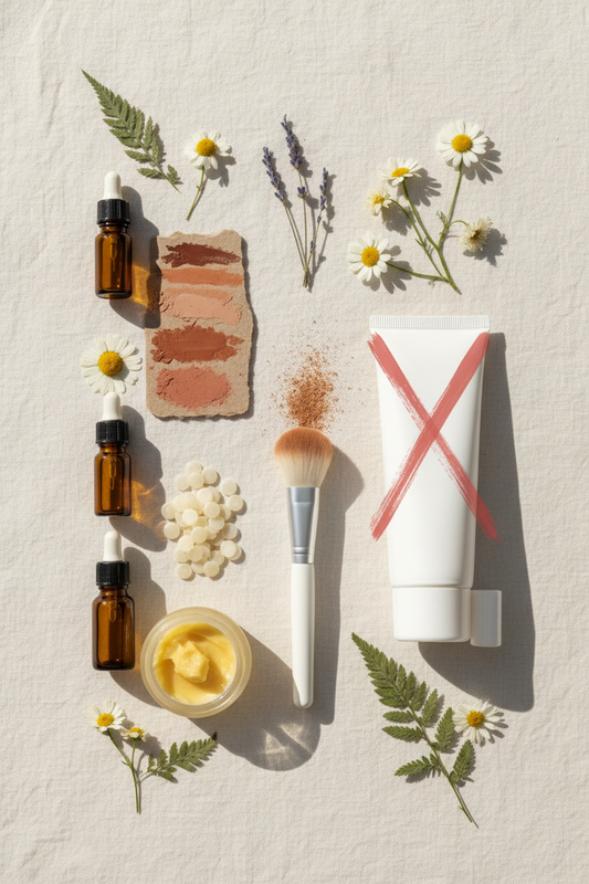 Botanical oils, mineral pigment swatches, and a makeup brush with dried wildflowers on linen — clean beauty ingredients for a non-toxic makeup routine