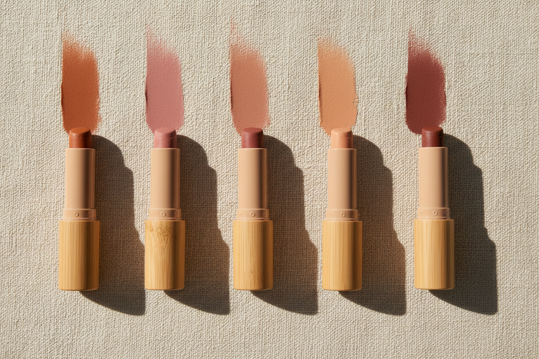 Six botanical color sticks in bamboo packaging with color swatches on warm cream linen — Odin Hollow Farm
