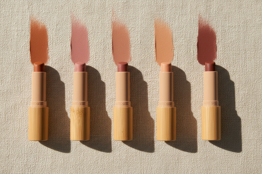 Six botanical color sticks in bamboo packaging with color swatches on warm cream linen — Odin Hollow Farm