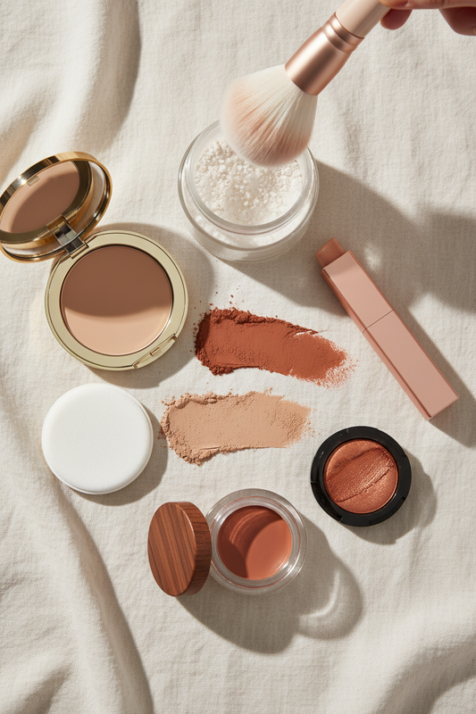Side-by-side comparison of pressed powder compact and cream foundation stick, cream blush, and cream eyeshadow — botanical cream makeup vs conventional powder