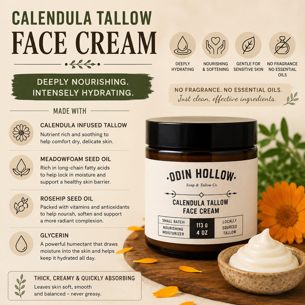 Calendula Grass-Fed Tallow Face Cream | Natural Moisturizer for Dry Skin