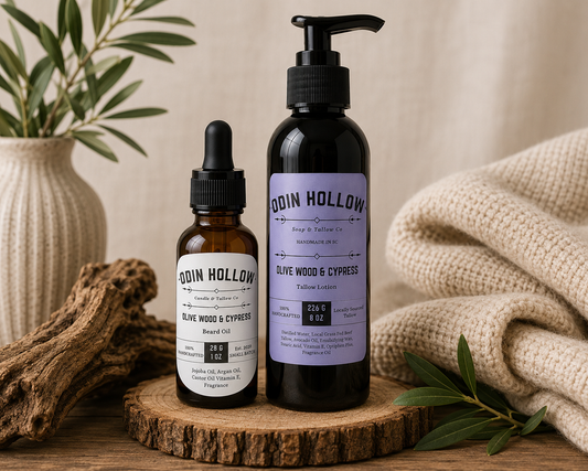 Olive Wood & Cypress Beard Oil and Tallow Lotion Set